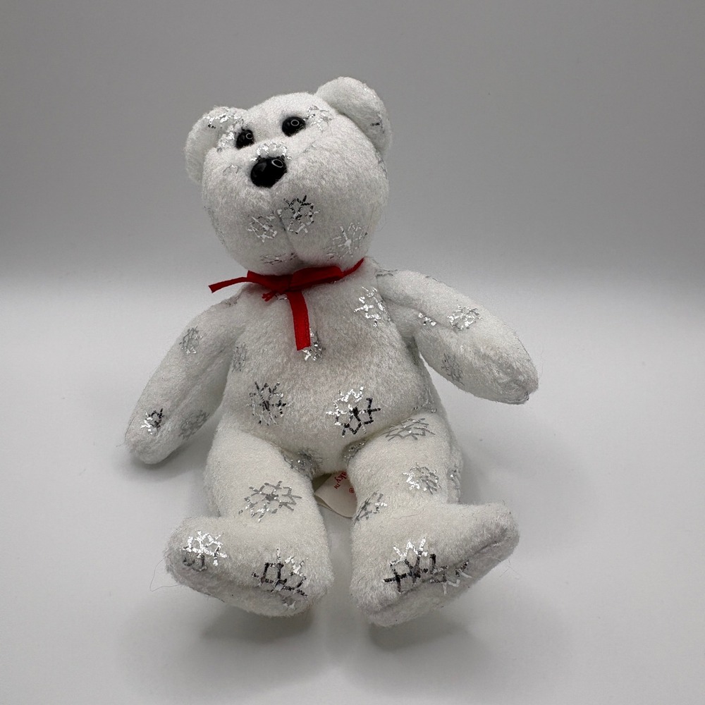 Ty Jingle Beanies Flaky the Bear 2008 White Silver Snowflake Plush Ornament 5"